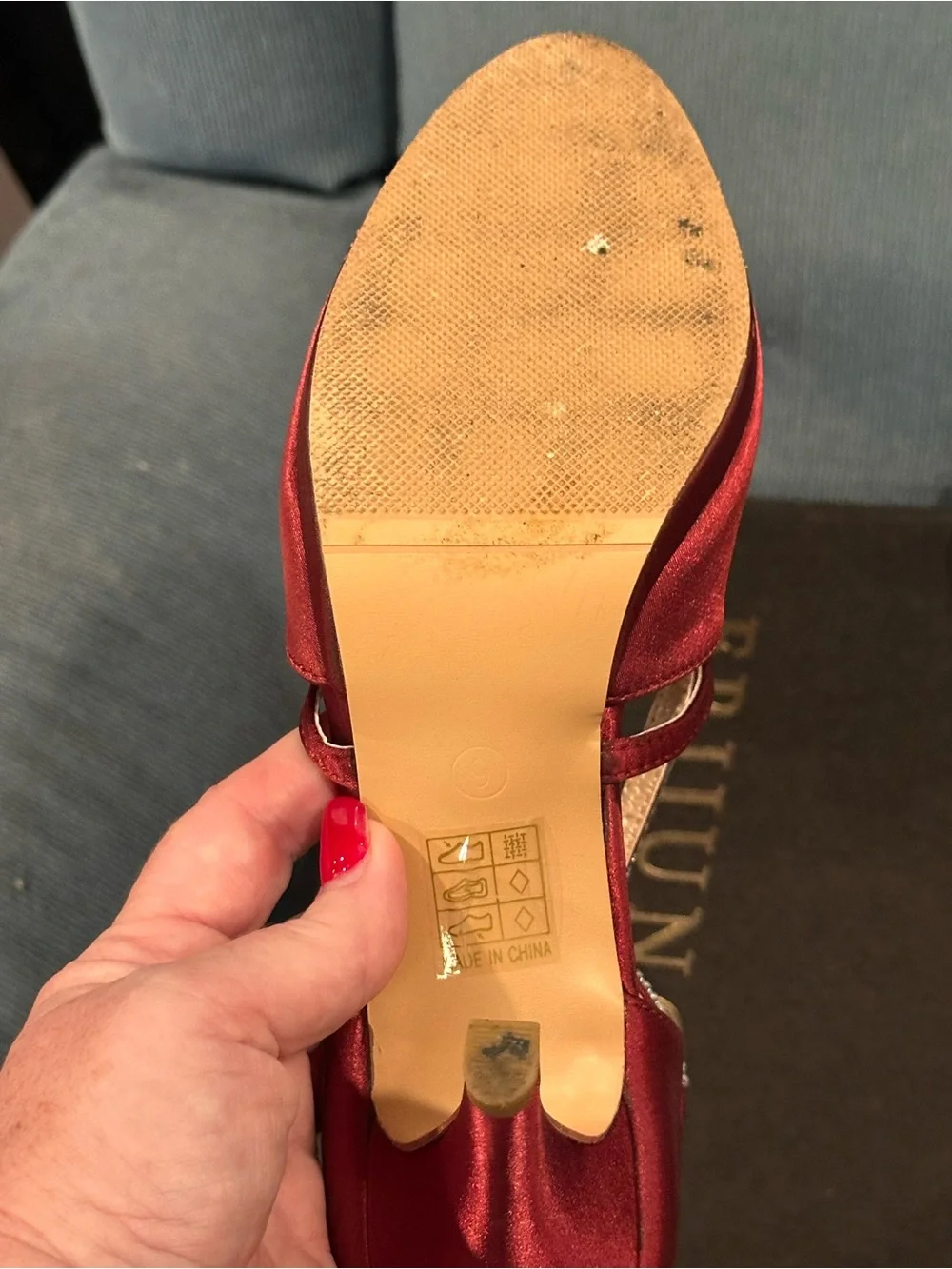 Nina Red Satin T-Strap Heels with Crystal Trim